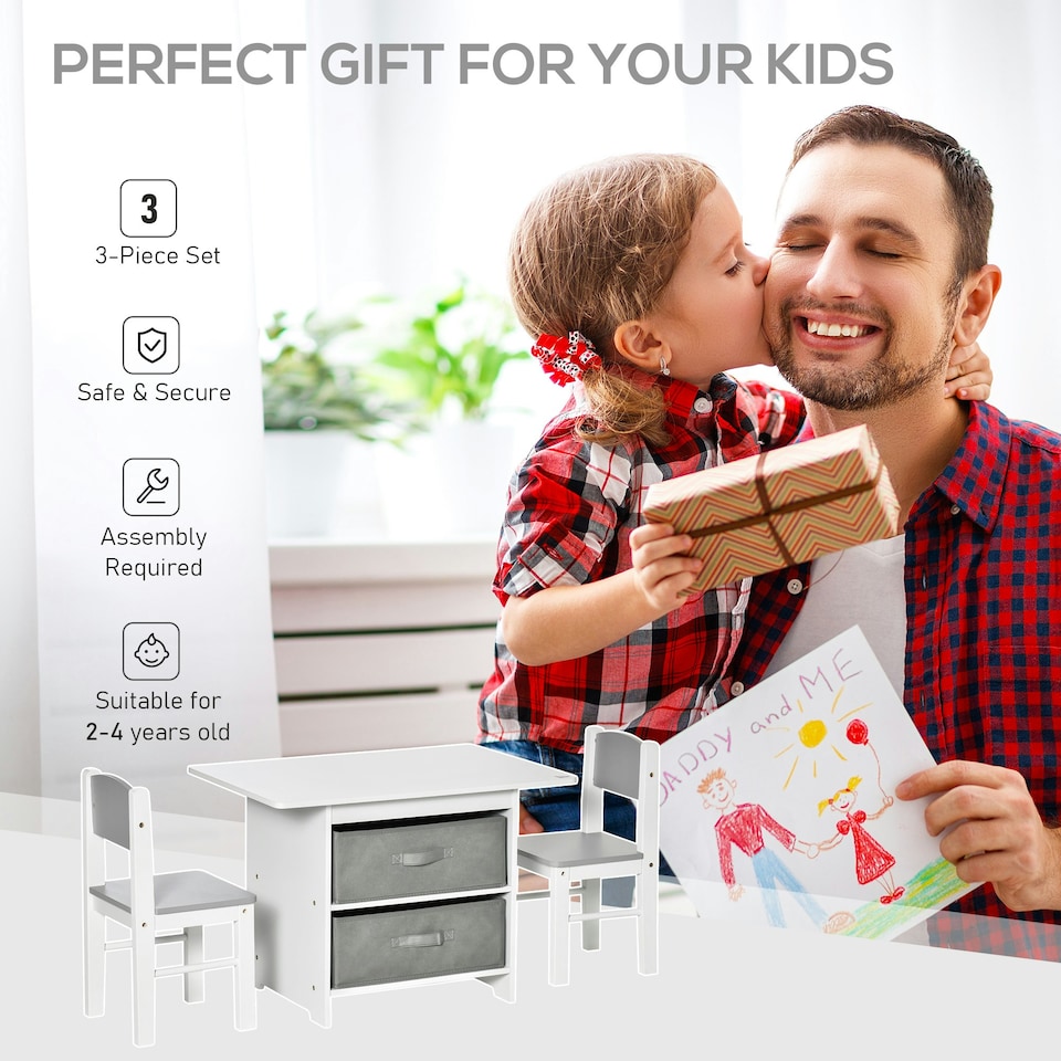 image 1 of HOMCOM 3 Pcs Kids Table & Chairs Set Toddler Furniture w/ Storage Drawers White | White