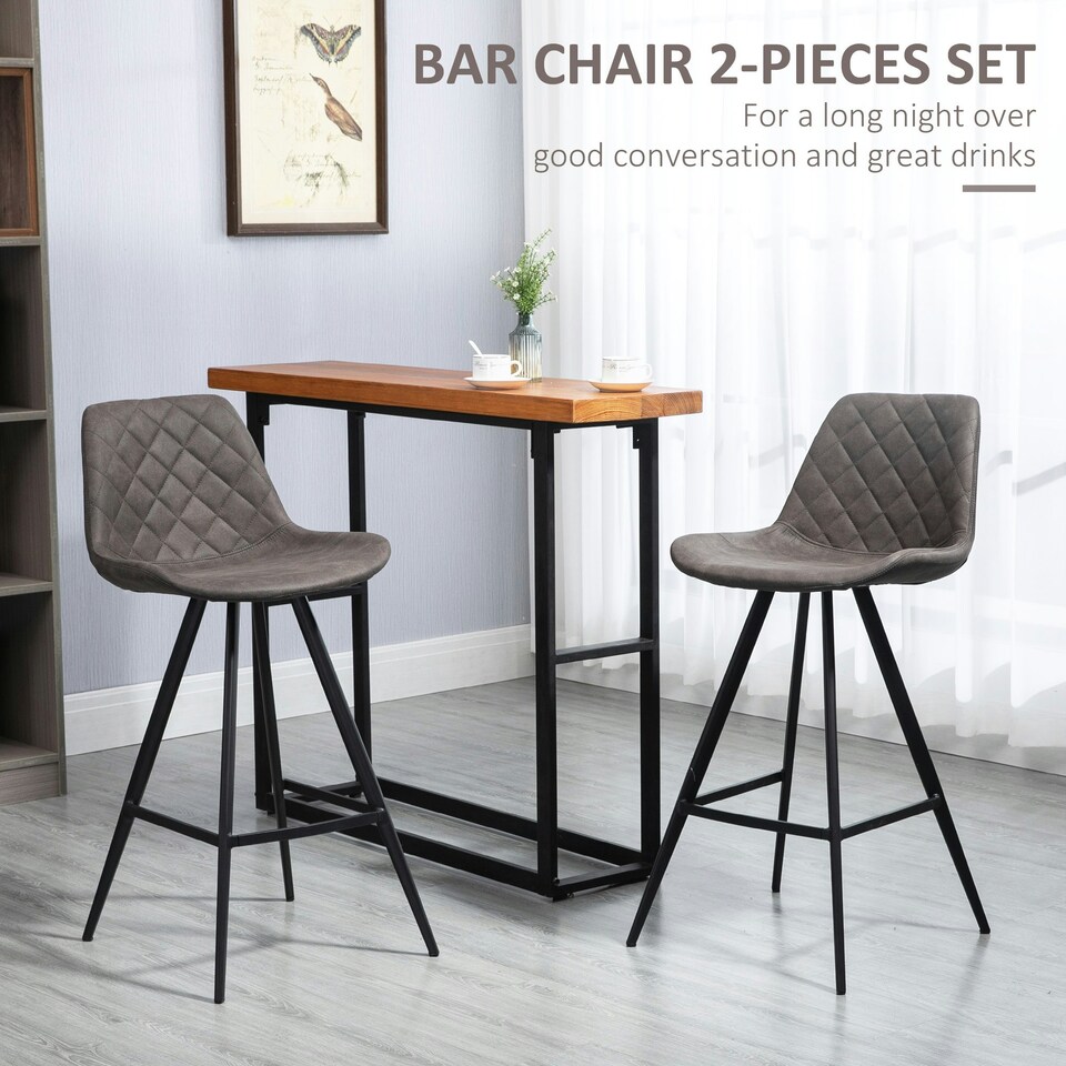 image 1 of HOMCOM Set Of 2 Bar Stools Vintage Microfiber Cloth Tub Seats Padded Steel Grey