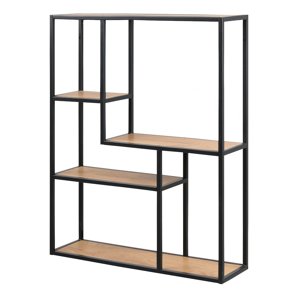image 1 of Seaford Black Metal Wide Wall Shelf with 3 Additional Oak Shelves