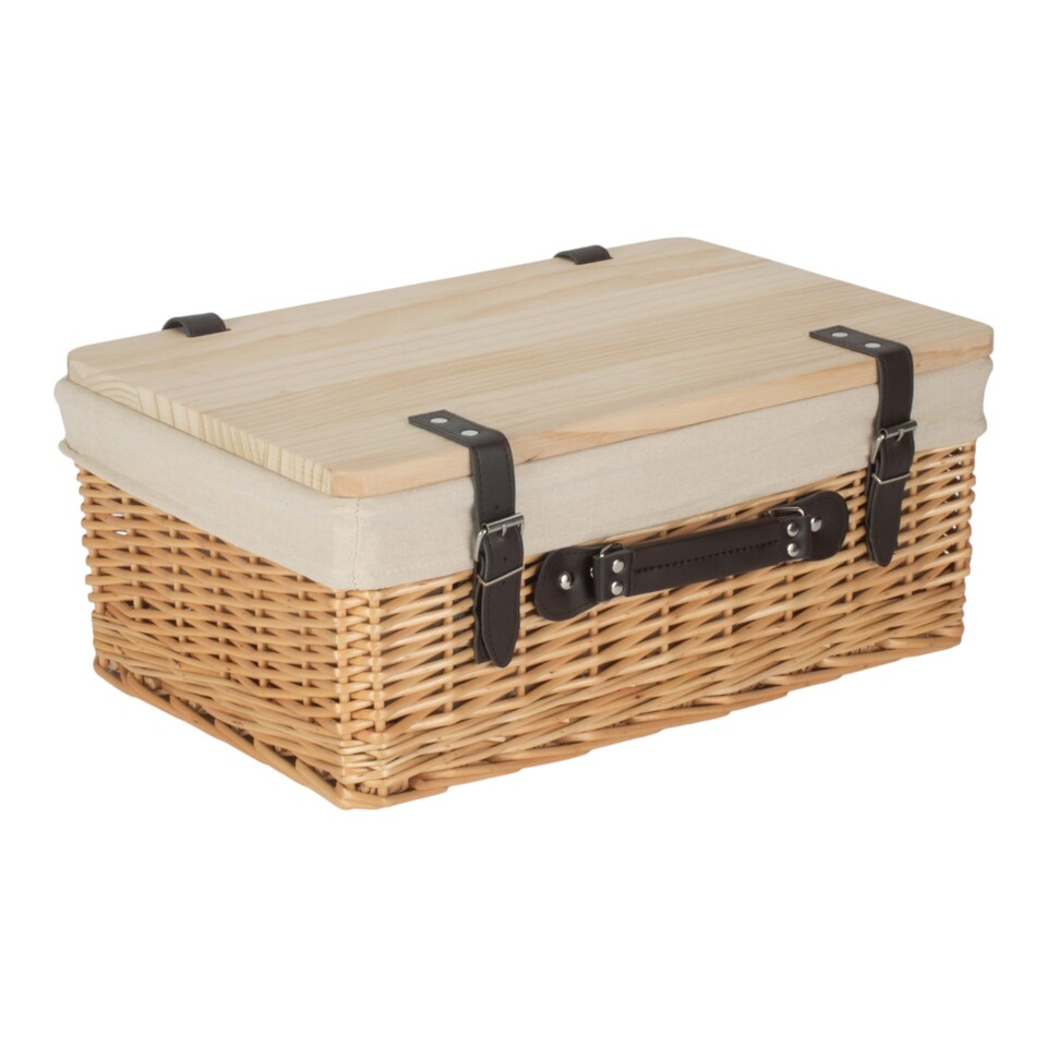 image 1 of 46cm Buff White Lined Willow Empty Picnic Basket with Pinewood Lid | Brown | White | L | 1