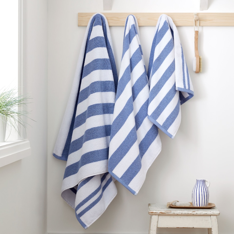 image 1 of Bianca Reversible Stripe Cotton Jacquard Bath Sheet | Blue | Bath sheet