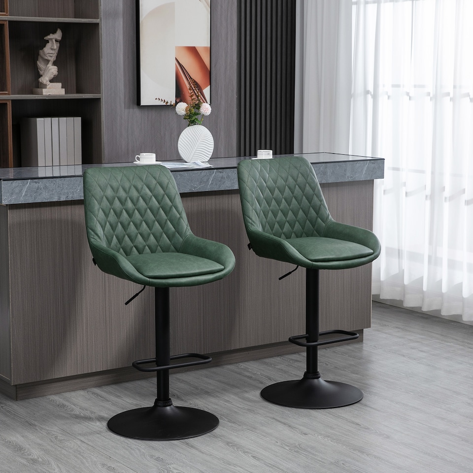 image 1 of HOMCOM Breakfast Bar Stools Set of 2 with 51x40cm Wide Seat, Height Adjustable Kitchen Counter Chairs, Retro Swivel Upholstered Barstools with Back, Footrest and Steel Base, Green