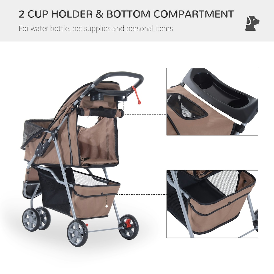 image 1 of PawHut Pet Stroller Pushchair Carrier for Cat Puppy with 3 Wheels Brown