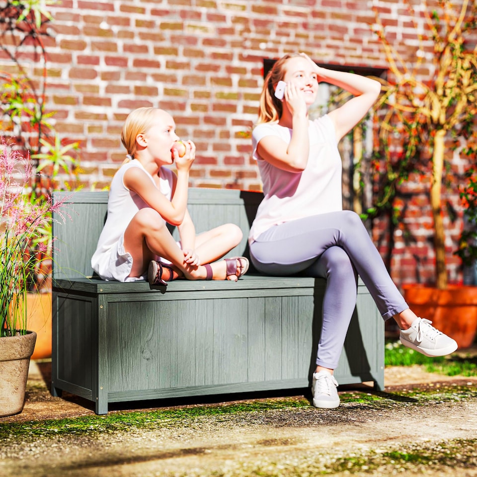 image 1 of Outsunny Garden Arch Wood Bench Outdoor Storage Box Garden Furniture Chair 115L x 45W x 75Hcm, Grey | Grey