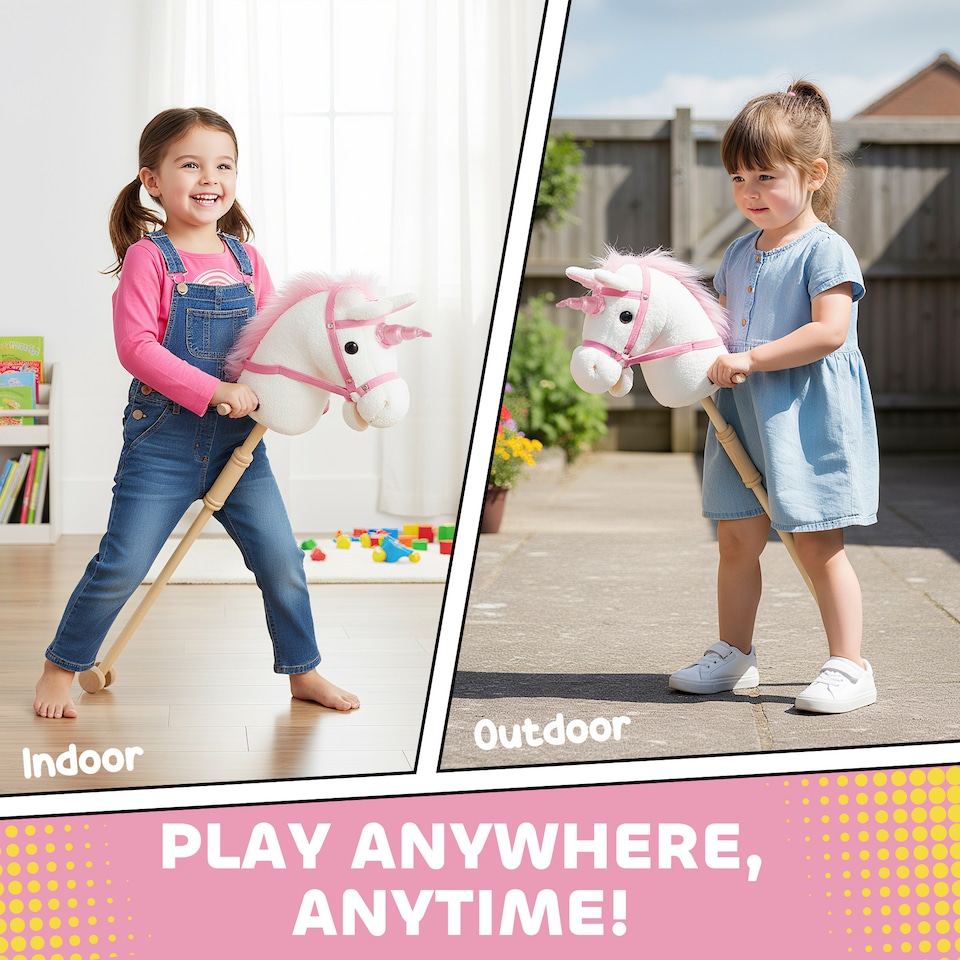 image 1 of AIYAPLAY Stick Horse w Wood Wheels, Pony Neighing, Galloping Sounds White