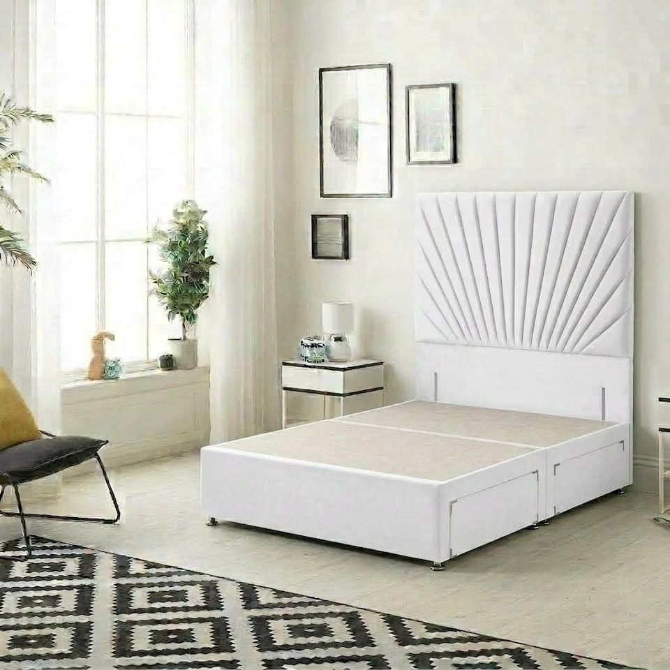 image 1 of Sunburst Divan Bed with 4 Drawers & 54'' Floor Standing Headboard Plush Velvet | White | White