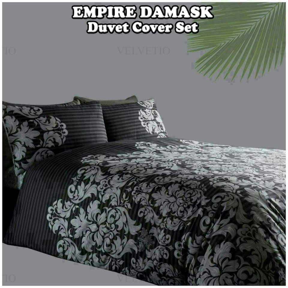image 1 of VELVETIO Empire Damask Printed Duvet Cover Set Reversible Polycotton Beddings Cream | Double
