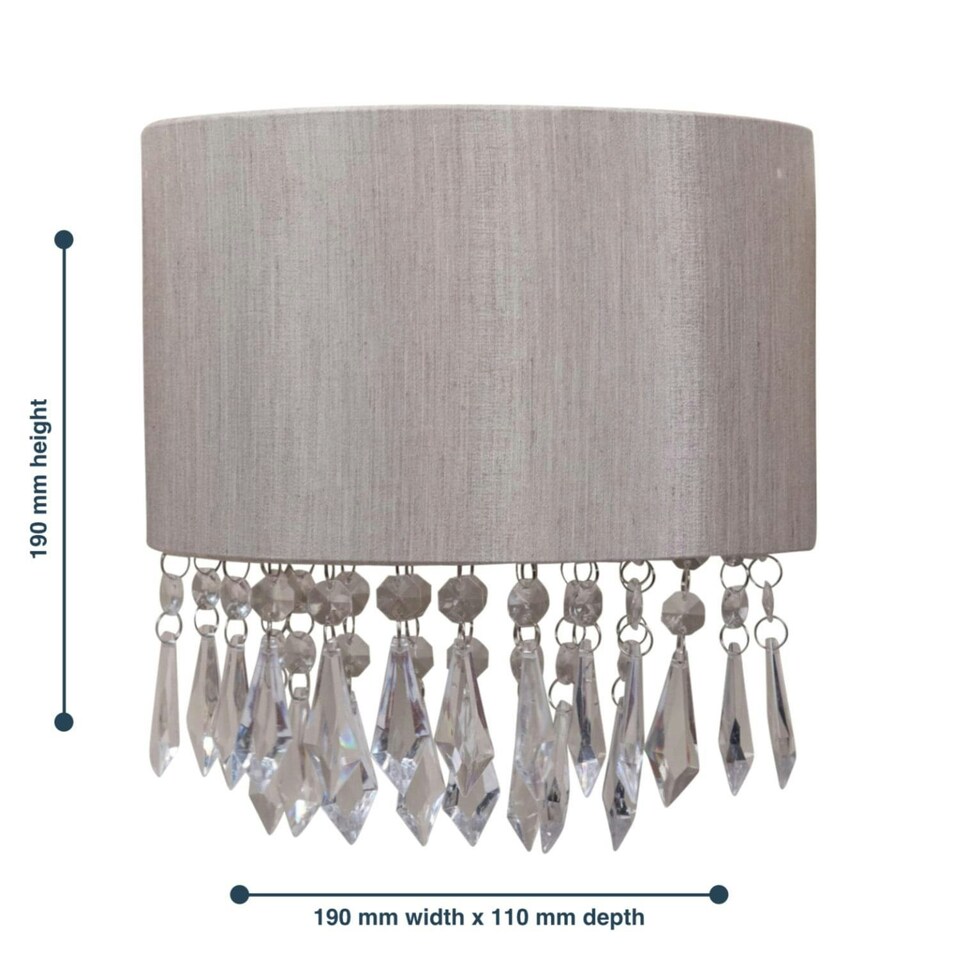 image 1 of First Choice Lighting Jewelled Silver Grey Fabric Wall Light With Clear Beaded Crystal Style Strings Silver | Clear