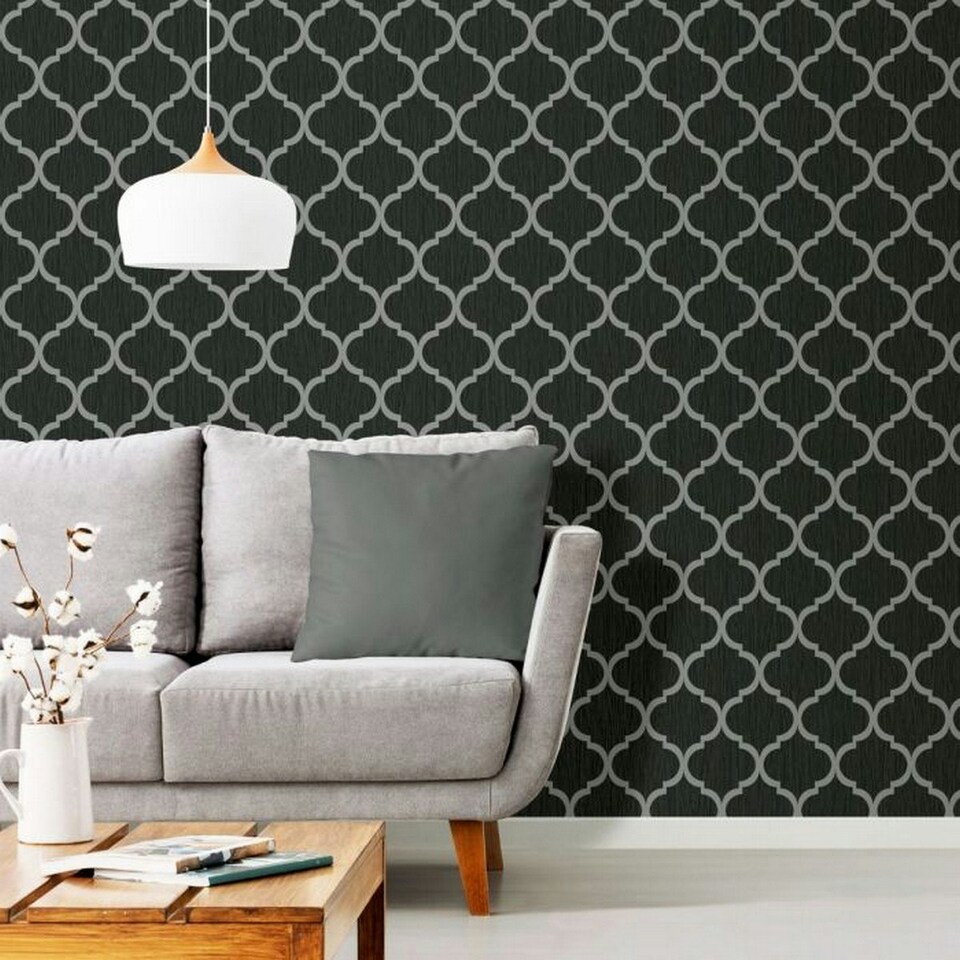 image 1 of Debona Crystal Trellis Textured Wallpaper - Black/Silver - One Size Black