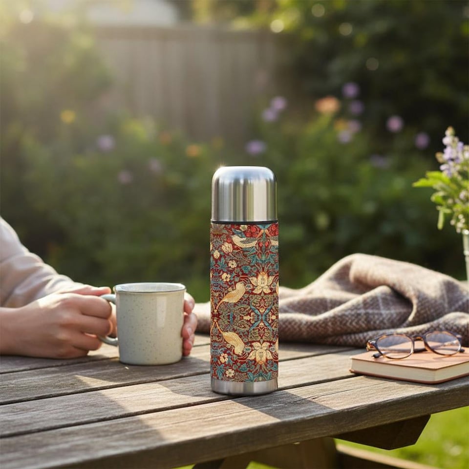 image 1 of Red Strawberry Thief Large Reusable Thermal Flask