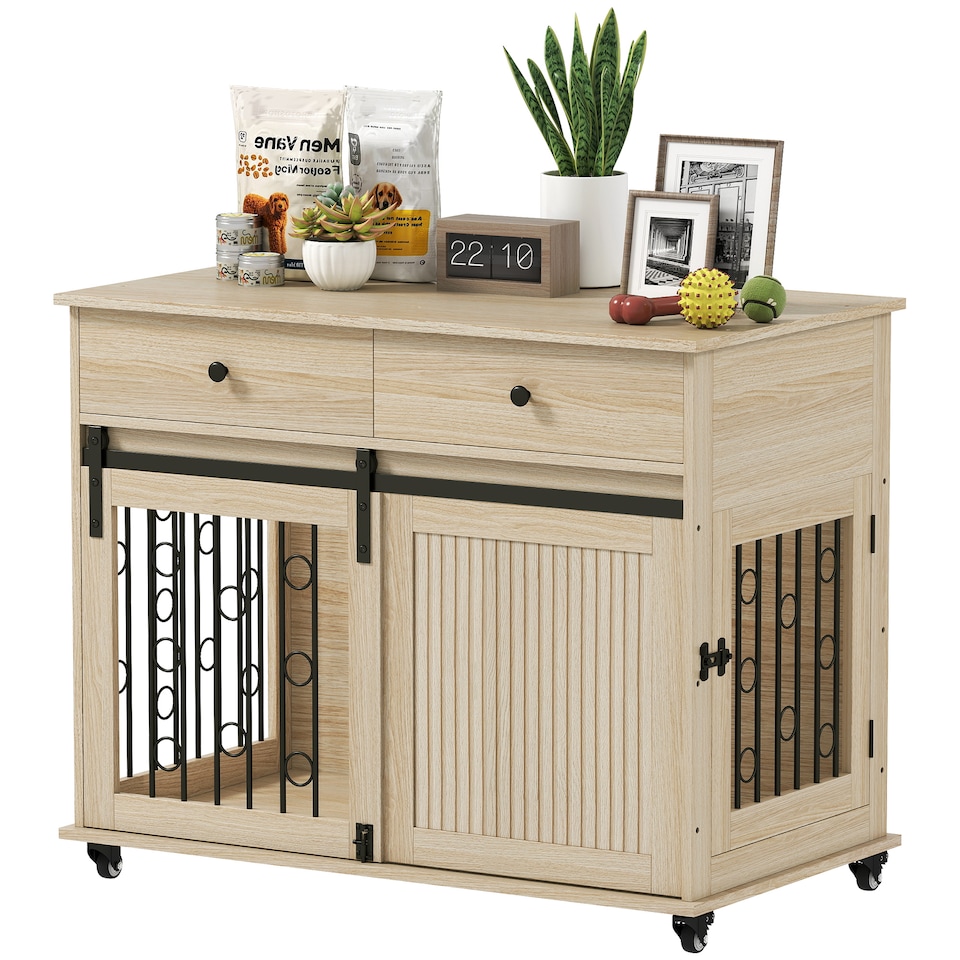 image 1 of PawHut Dog Crate Furniture on Wheels, Dog Cage with 2 Drawers, Sliding Door, Indoor Kennel End Side Table for Medium Large Breeds, Oak Tone