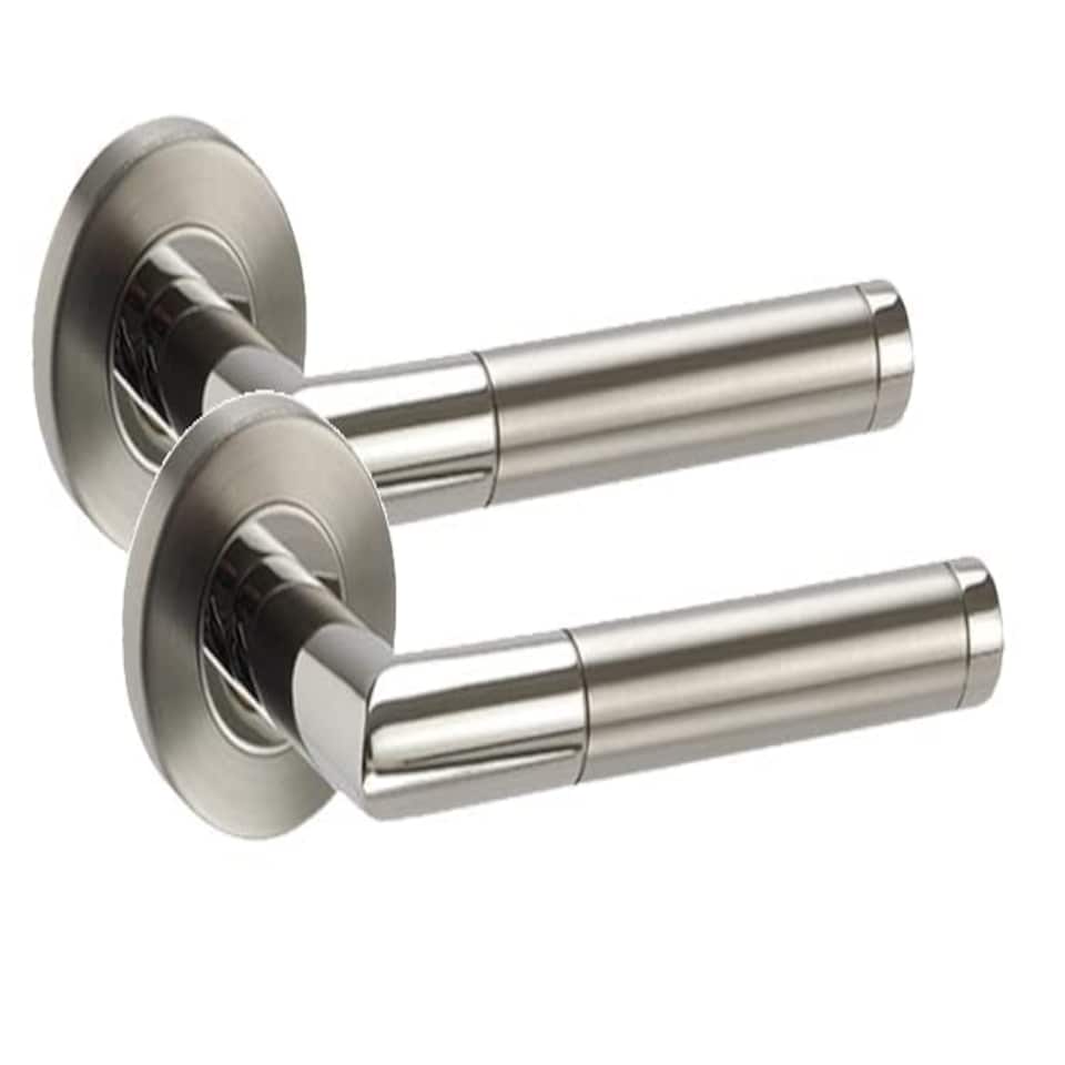 image 1 of Golden Grace 1 Pair Mitred Style Modern Door Handles Lever Latch on Round Rose with Duo Chrome Finish with Ball Bearing Hinges and 64mm Tubular | Grey | 1 Set
