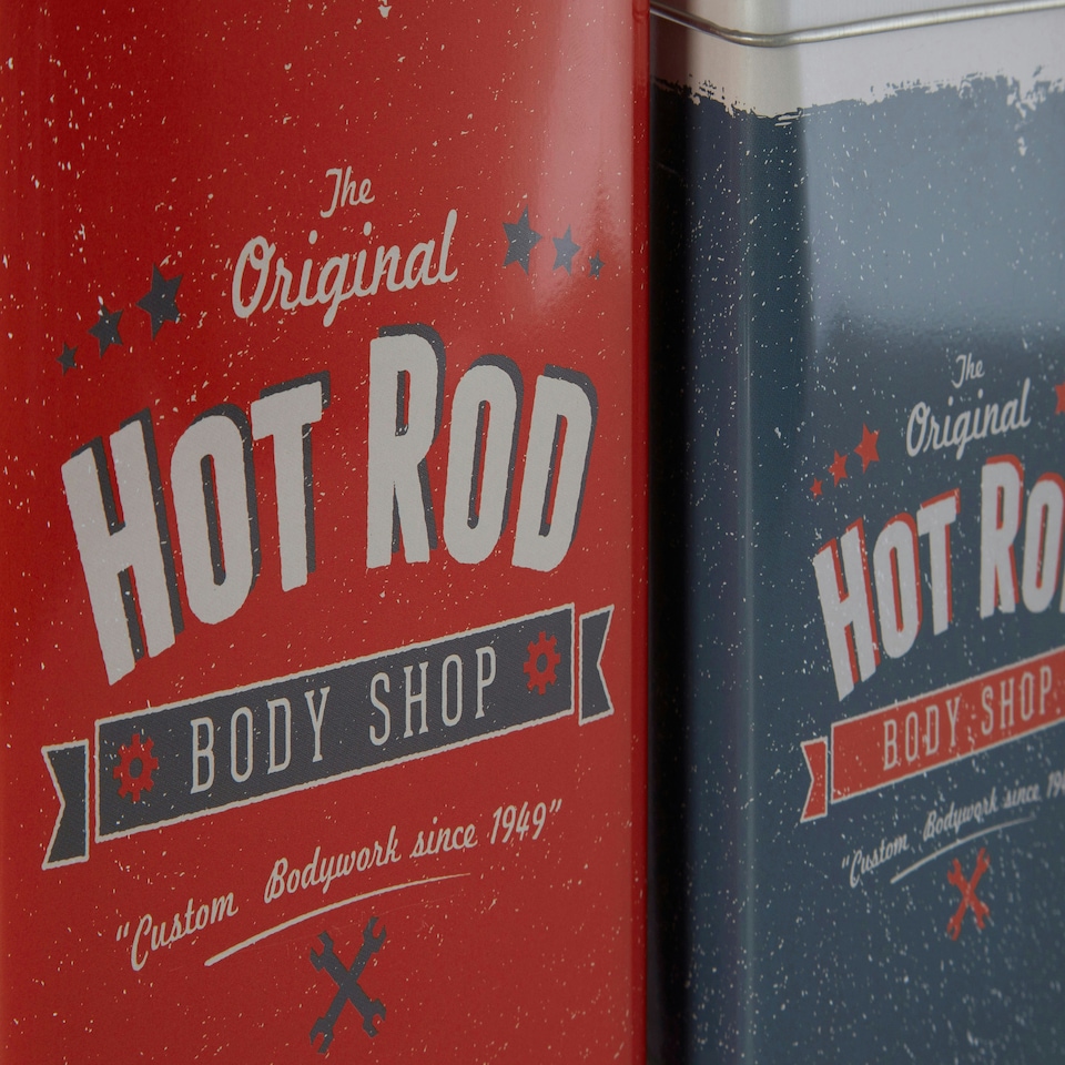 image 1 of Interiors by Premier Set Of 2 Hot Rod Storage Canisters, Retro Metal Tins With Bold Car Print Lids, Durable Storage Solution