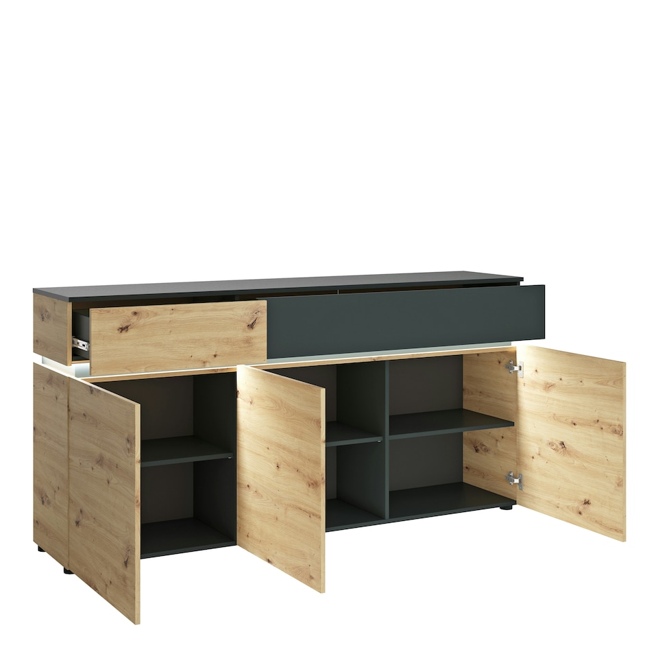 image 1 of Luci 3 Door 2 Drawer Sideboard (including LED lighting) in Platinum and Oak