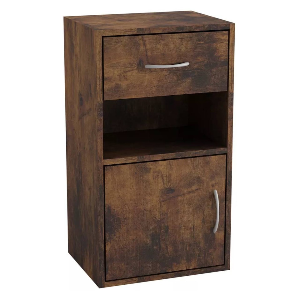 image 1 of 1-Drawer 1-Door Wooden Bedside Table | Brown | Colour: Rustic Brown | 1