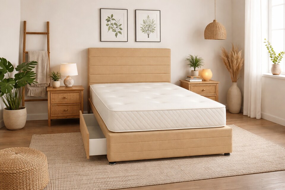 image 1 of Divan Bed Set Headboard and Footboard with Mattress 2ft6 Small Single Coffee Suede Storage 2 Drawers Right Side Laying in Bed
