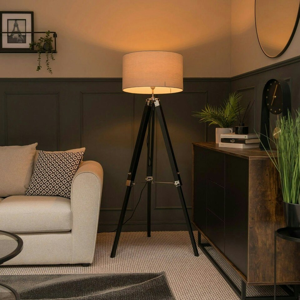 image 1 of ValueLights Black Wood And Silver Chrome Tripod Floor Lamp With Grey Drum Shade