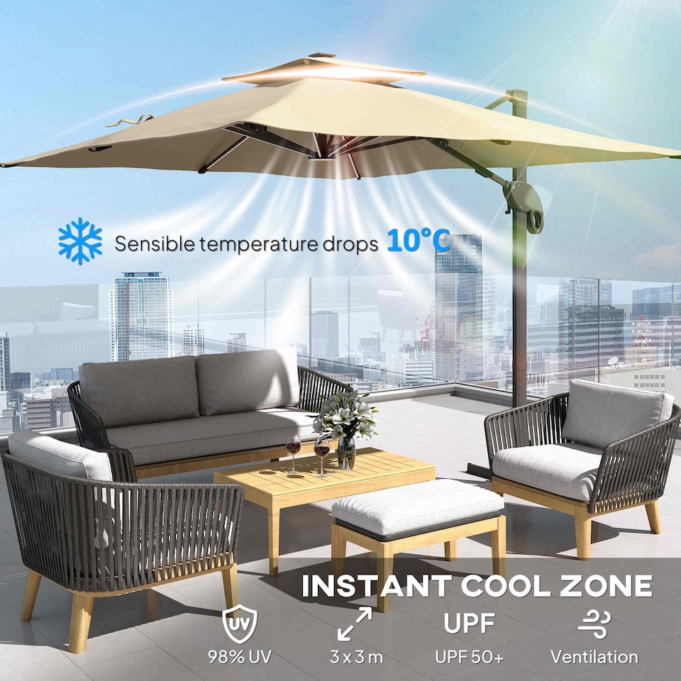 image 1 of Outsunny 3 x 3m Cantilever Roma Parasol Garden Sun Umbrella, Twotier 250g Polyester Sun Shade with LED Solar Light, Aluminium Frame, Cross Base 360 Rotating Khaki | Brown