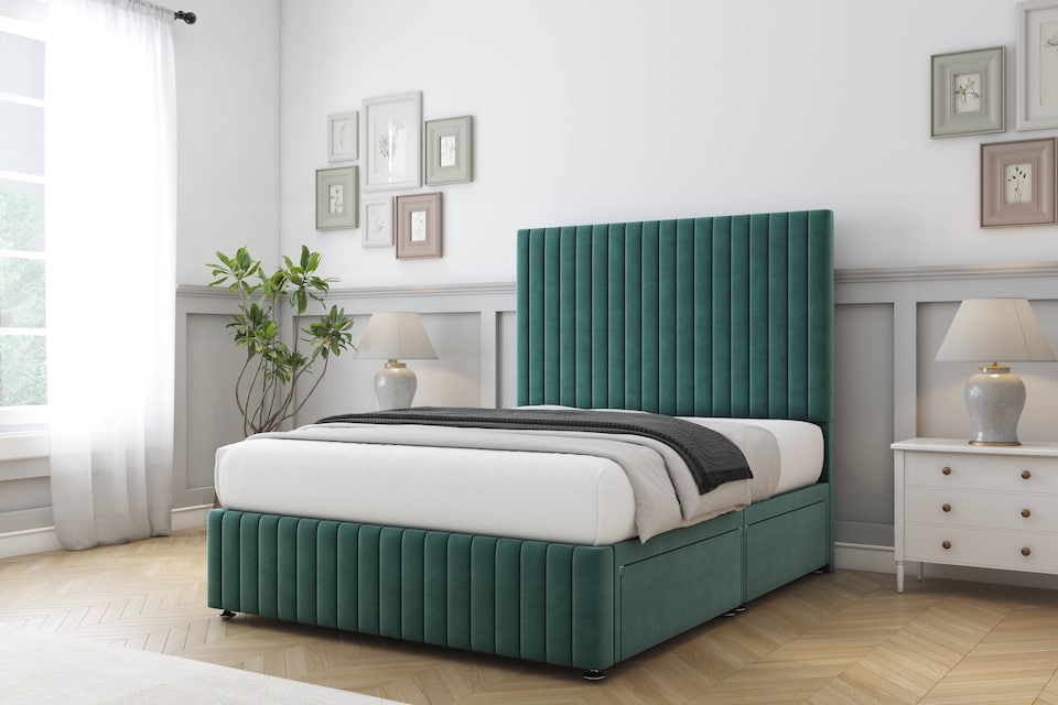 image 1 of Sloomy Madison Emerald Plush Divan Bed With Mattress 2 Drawers Left Side With 54" Floor Standing Headboard & 12" Matching Footboard 2'6 Small Single | Green | Emerald | Small Single | 1