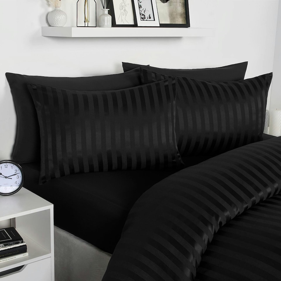 image 1 of OHS Satin Stripe Hotel Quality Duvet Cover and Pillowcase Set, Single - Black
