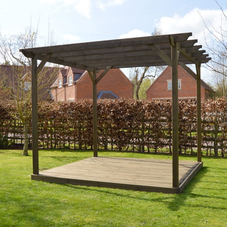 image 1 of Garden Pergola and Decking Kit - Wood - L300 x W300 x H270 cm - Rustic Brown