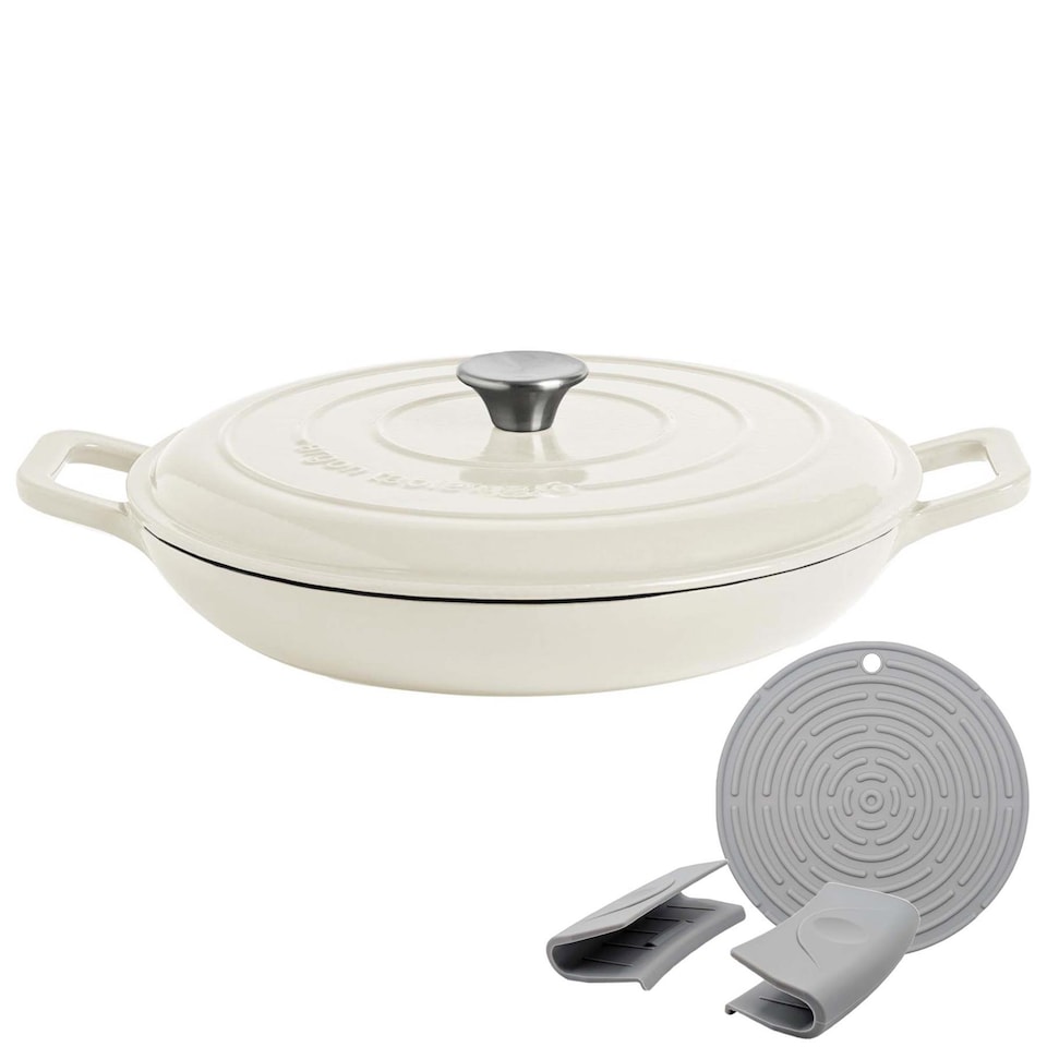 image 1 of Argon Tableware 2.3L Shallow Cast Iron Casserole Dish with Self-Basting Lid - 2.43QT Dutch Oven Roasting Dish | Grey | Pebble Gloss | 1