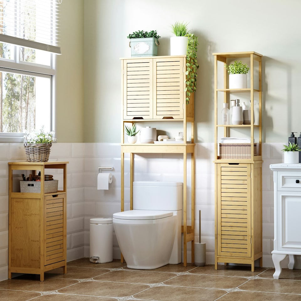 image 1 of kleankin Bathroom Floor Cabinet Narrow Tallboy w/ 3 Shelves Cupboard Natural