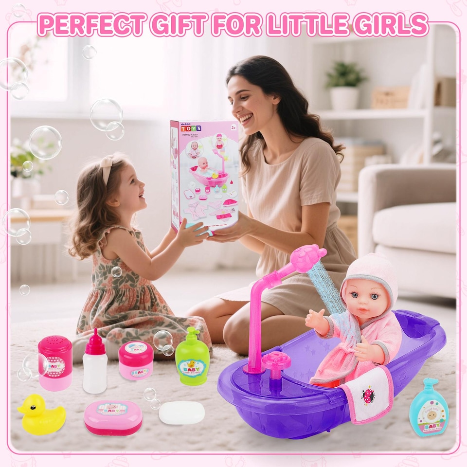 image 1 of Baby Doll Bath Set with Real Working Bathtub & Shower Spray – 12" Baby Doll, Bath Accessories & Pretend Play Set for Kids Ages 3+