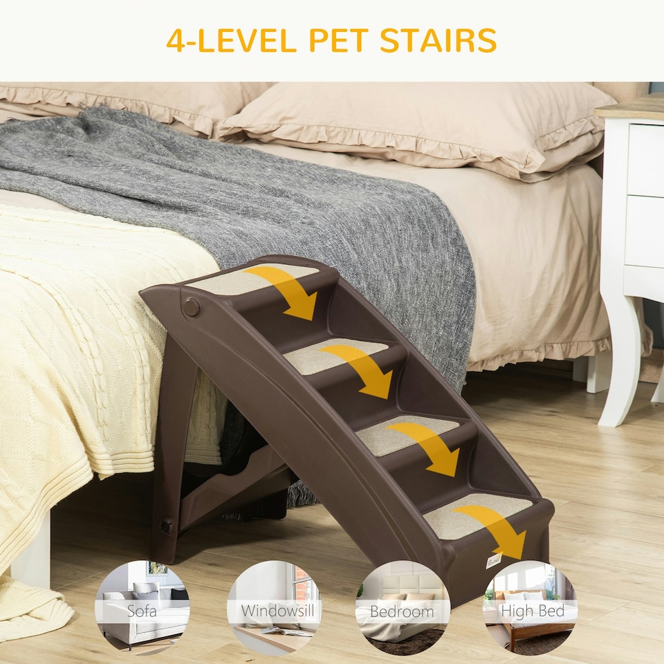 image 1 of PawHut Four-Step Foldable Pet Stairs w/ Non-Slip Mats, for S, XS Dogs - Brown