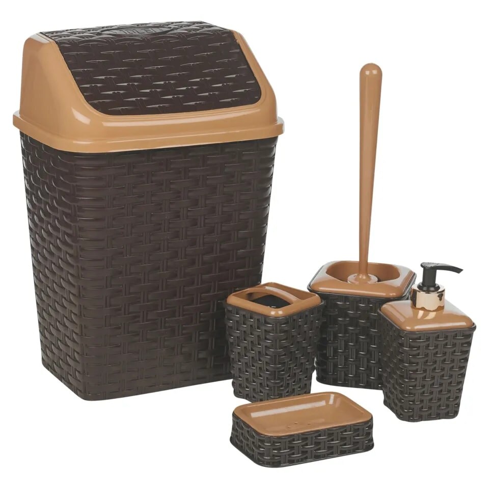 image 1 of 5-Pcs Violet Plastic Rattan Bathroom Set | Brown | 1