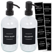 Harbour Housewares Glass Soap Dispensers with Labels - 500ml - Clear/Black - Pack of 2