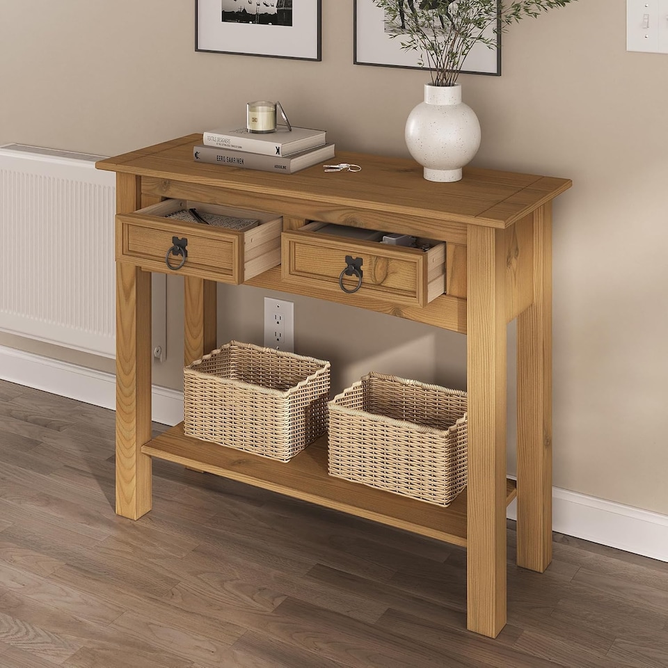 image 1 of Corona Console Table 2 Drawer Mexican Solid Pine Hall End