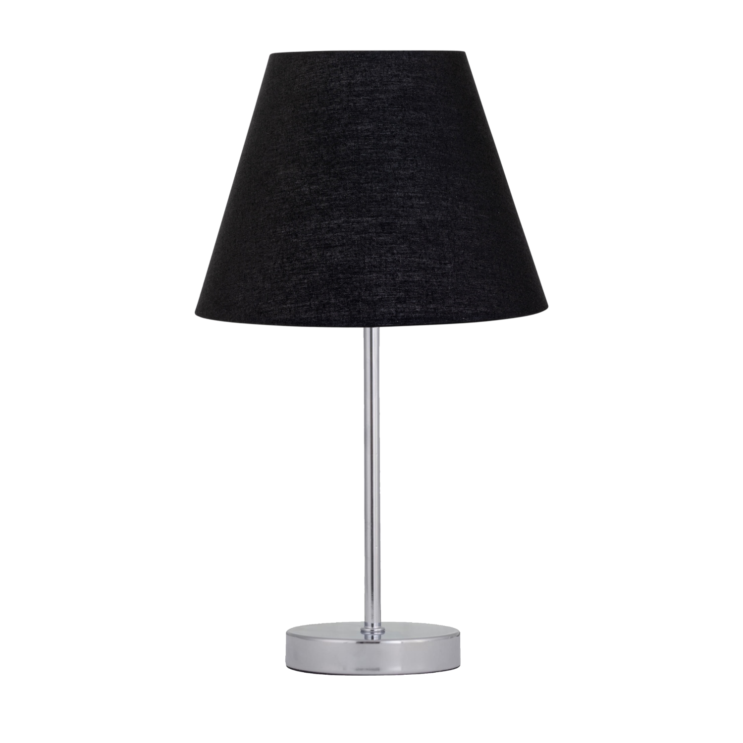 First Choice Lighting Chrome Stick Table Lamp with Black Fabric Shade in Silver