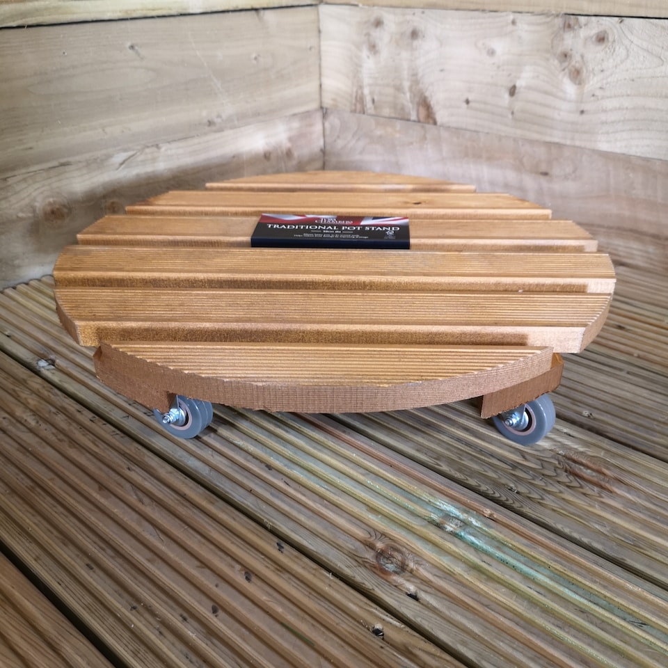 image 1 of Tom Chambers Handcrafted Heavy Duty Round Traditional Wood Garden Patio Plant Flower Pot Stand Caddy Trolley Dolly on Strong Metal Castor Wheels Large 50cm | Brown | Brown