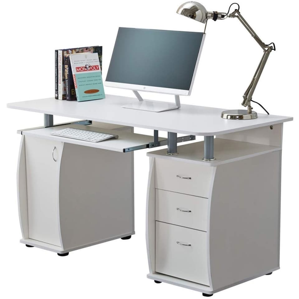 image 1 of WICKLOW Computer Desk with Cabinet and 3 Drawers - White | White