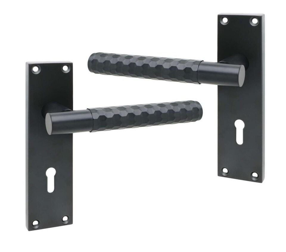 image 1 of Golden Grace 1 Pair Victorian Knurled Hex Cut Lock Door Handle Matt Black 3 Lever Lock Set for Bedroom and Home Office - 150mm x 40mm