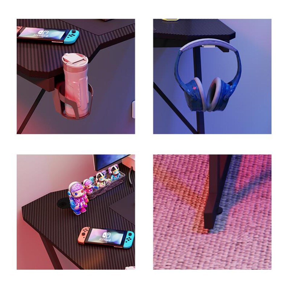 image 1 of House of Home Gaming Desk Carbon Fibre Finish Black 80cm Cup Holder, Headphone Hook | Black