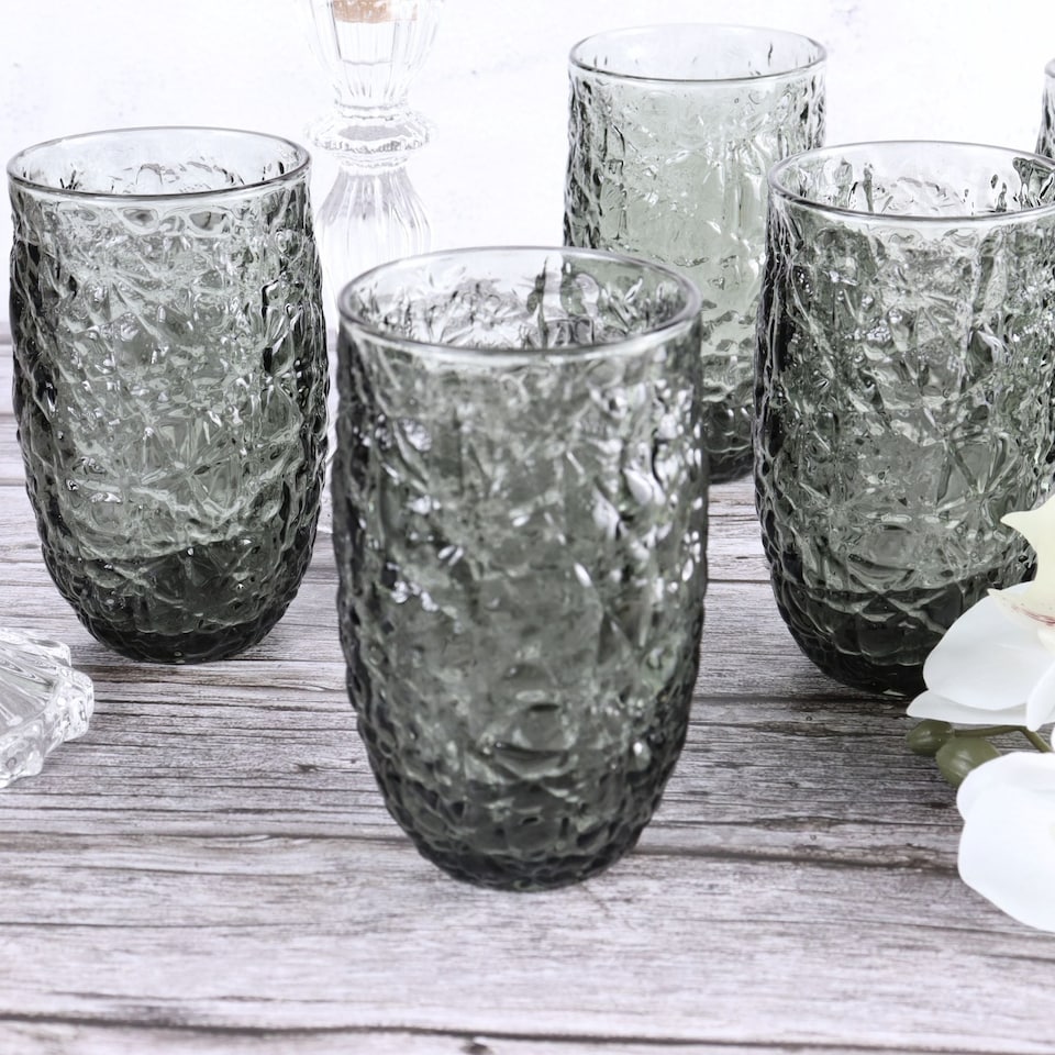 image 1 of Set of 6 Grey Textured Pressed Tall Glass Tumblers Spring Summer