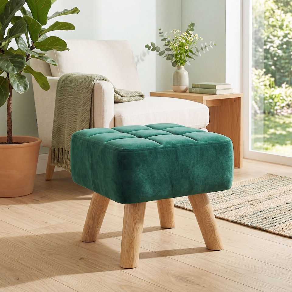 image 1 of HOMCOM Modern Footstool, Fabric Foot Rest with Rubber Wood Legs, Dark Green