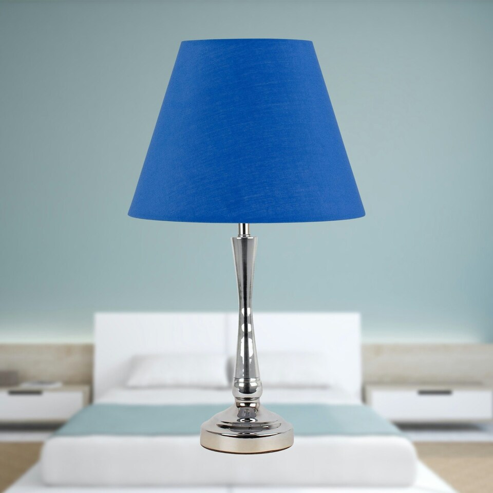 image 1 of Chrome Table Lamp with Stem Detail and Royal Blue Shade Chrome | Blue