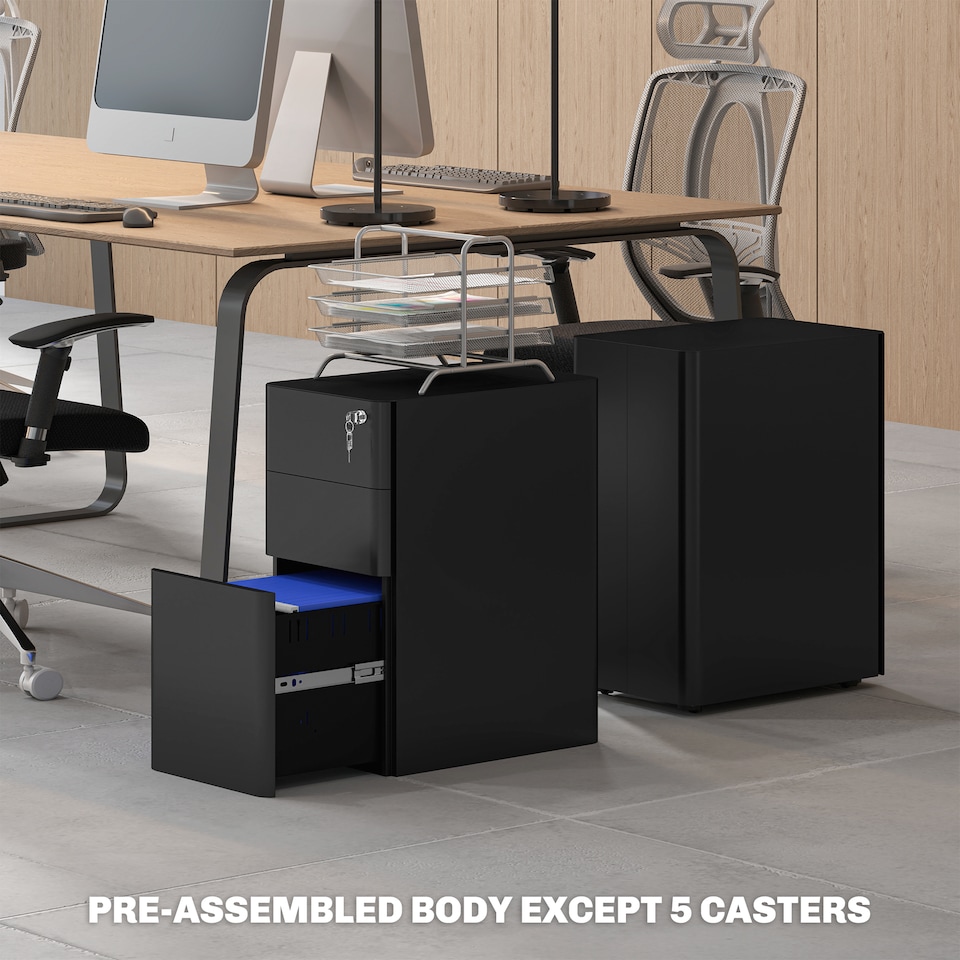 image 1 of Vinsetto 3-Drawer Mobile Filing Cabinet, Lockable Metal File Cabinet with 5 Wheels for A4 Legal Letter Sized Documents, Hanging File Folders, Under Desk, Pre-Assembled Body, 30 x 45 x 59 cm, Black | Black | Black