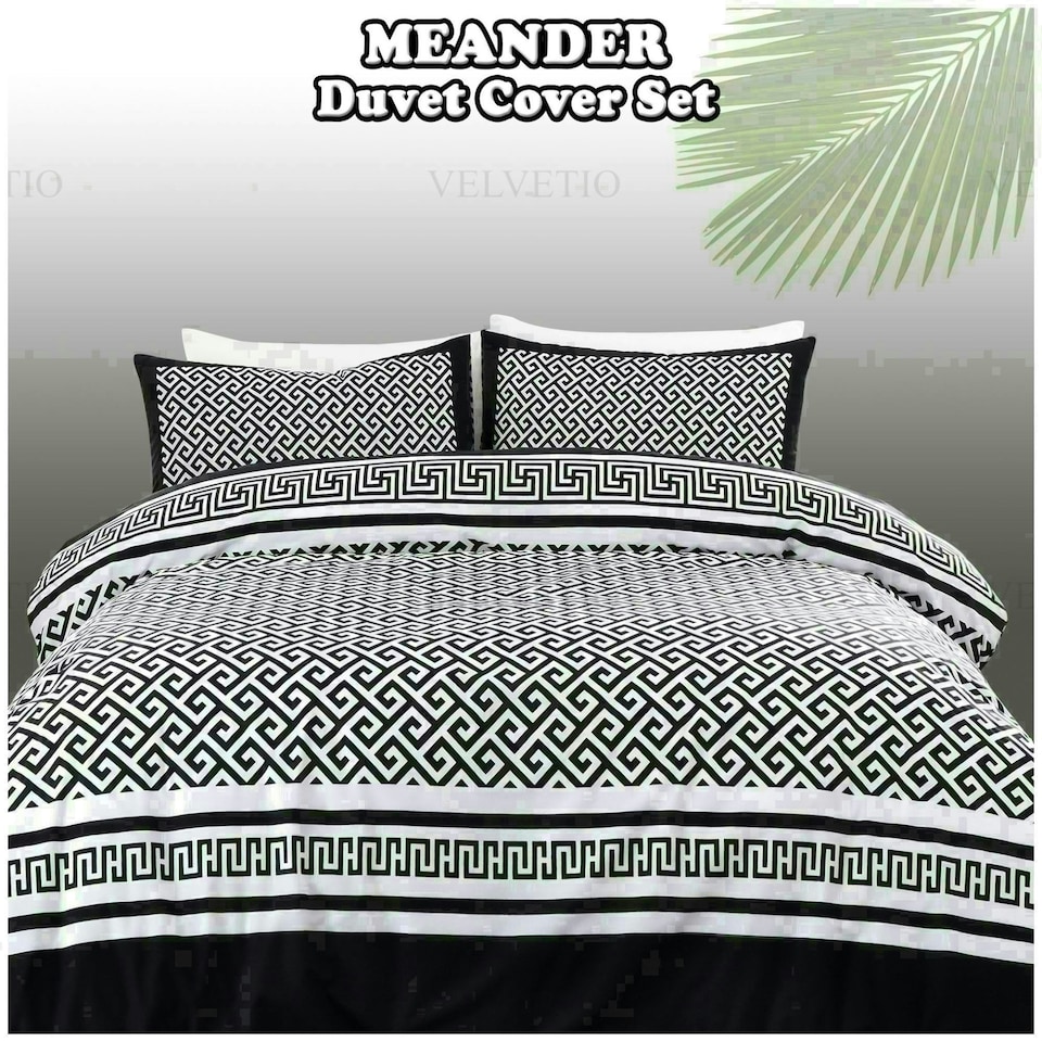 image 1 of Meander Greek Printed Duvet Cover Set Reversible Polycotton Beddings Black | Single