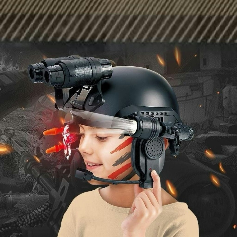 image 1 of Kids Multifunctional Tactical Helmet Outdoor Play Set - Missile Launch Feature, Telescope, Flashlight, Infrared Mic, Binoculars & Accessories, Durable Adventure Role Play Toy for Ages 3+