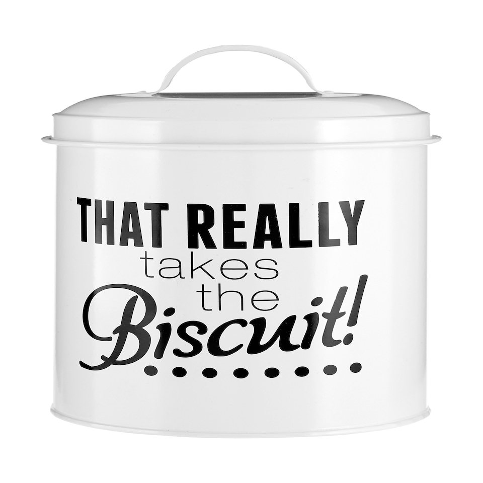 image 1 of Interiors by Premier White Biscuit Canister, Fun Metal Storage Jar With Humorous Print And Lid, Ideal For Storing Biscuits,