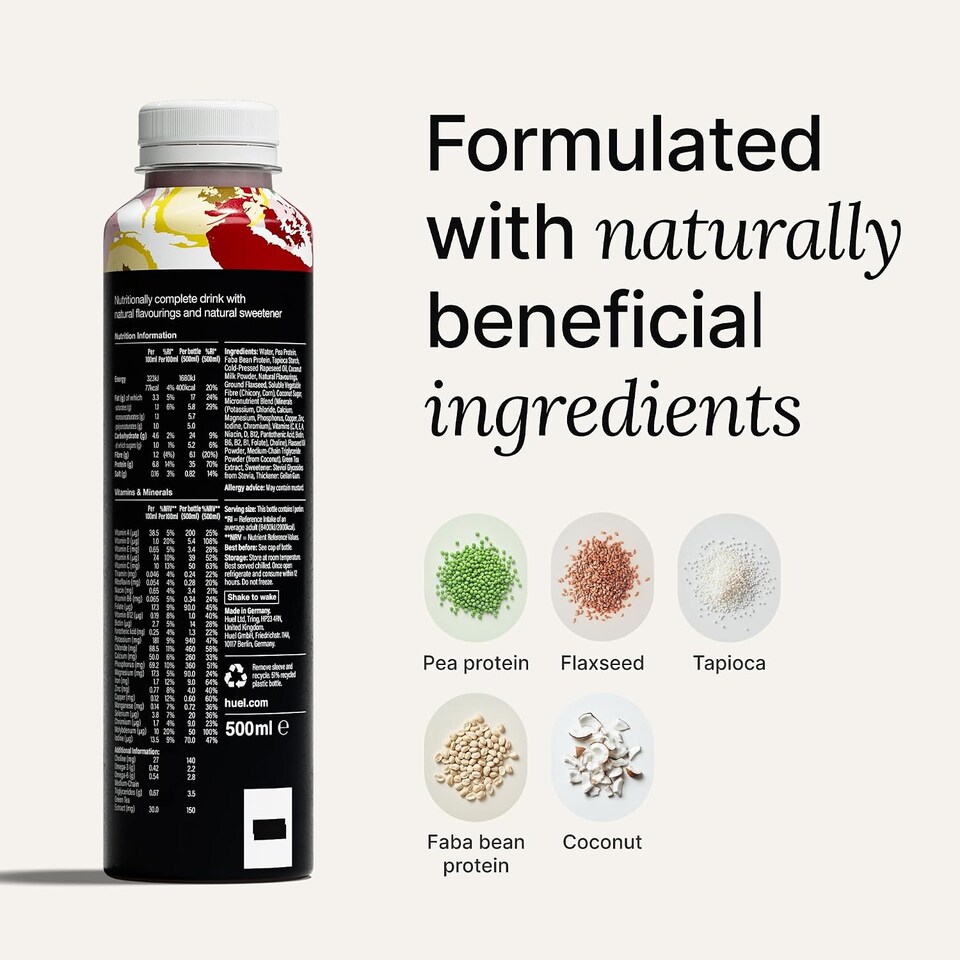 image 1 of Huel Ready-to-Drink Meal, BLACK EDITION Strawberry & Banana Protein Drink, 500ml Bottles (Pack of 8) - Protein Shakes, Pre-Portioned Meal, 35g of Protein per Bottle