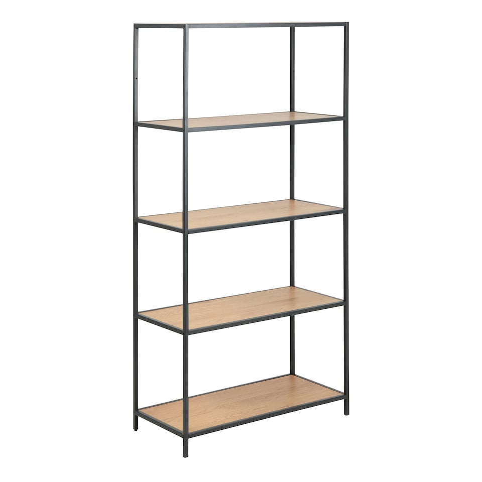 image 1 of Seaford Tall Black Metal Bookcase with 4 Oak Shelves