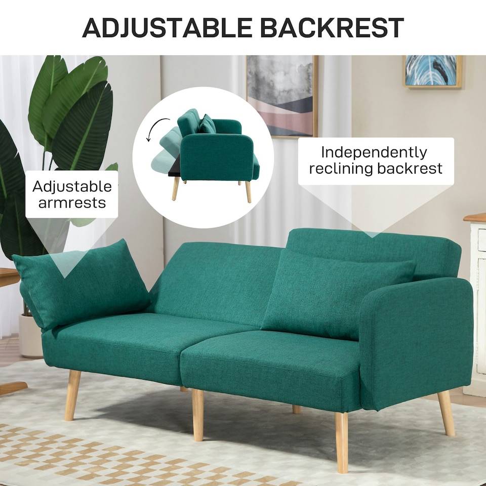 image 1 of HOMCOM Convertible Sofa Bed Settee with Cushions, Adjustable Backrest, Green