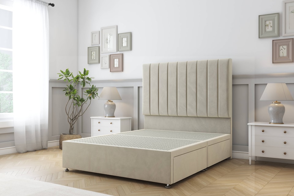 image 1 of Sloomy Kansas Cream Plush Divan Bed Base No Drawers With 54 Inch Floor Standing Headboard | Cream | Cream | King | 1