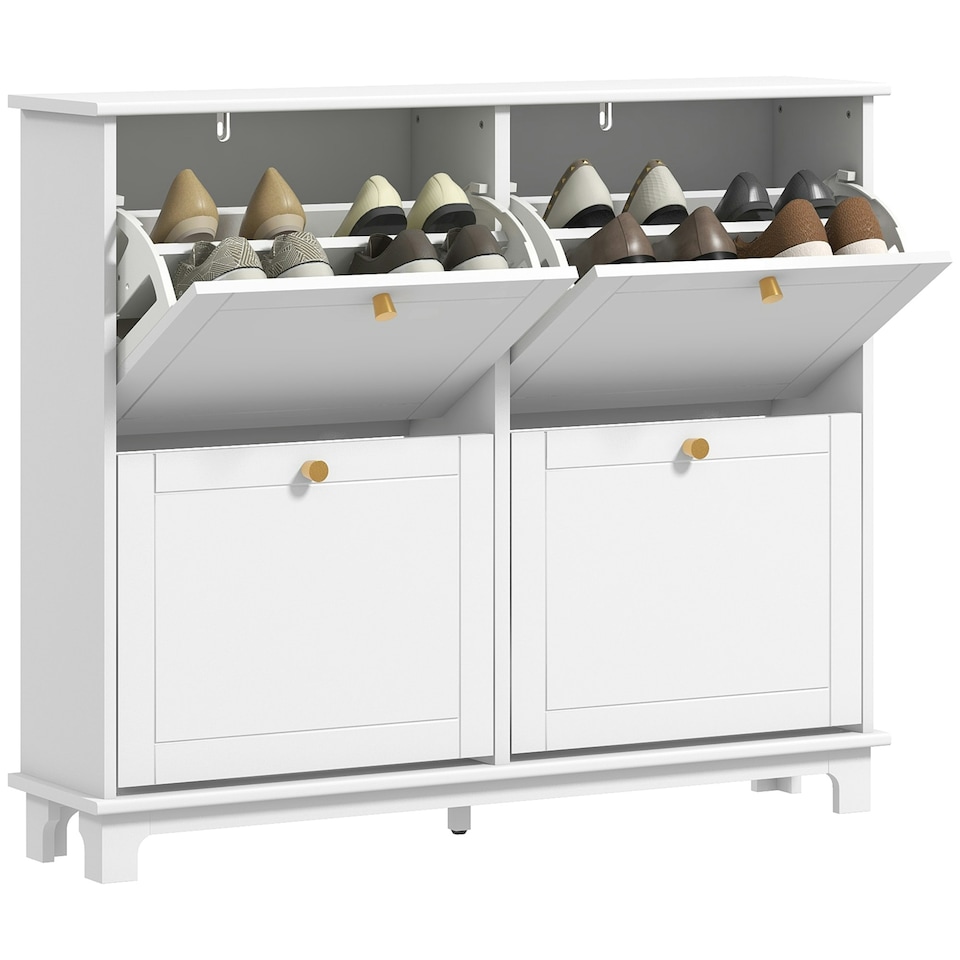 image 1 of HOMCOM Narrow Shoe Cabinet with 4 Flip Drawers Adjustable Shelves White | Gold | 119.5W x 23.5D x 87H cm