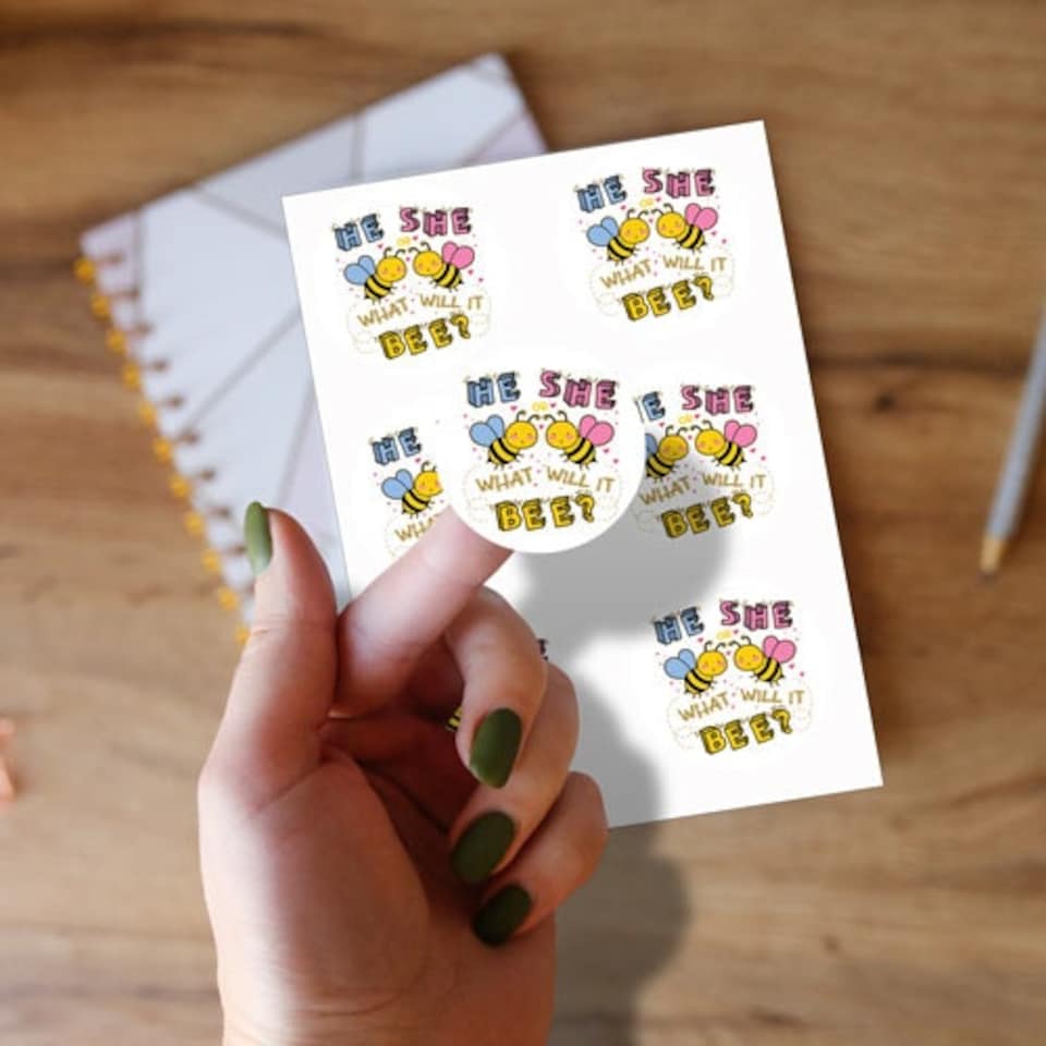 image 1 of What Will it Bee Gender Reveal Round Stickers 88mm - Sheet of 6